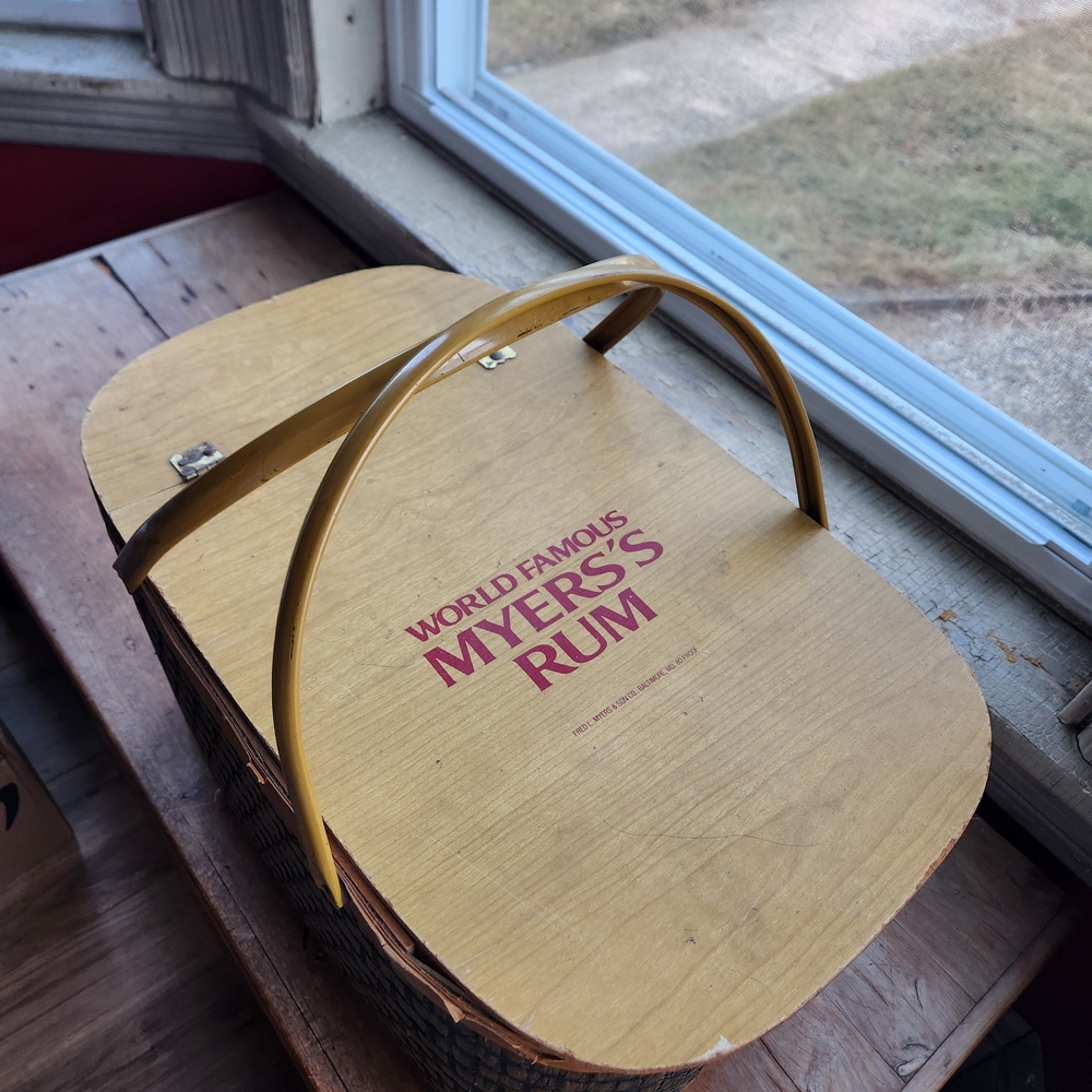 Vintage Myers's Rum Basket with Yellow Handle